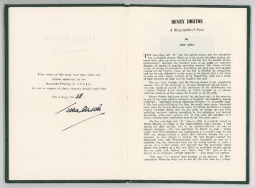 'Henry Horton. A Biographical Note'. John Arlott. Boscombe Printing Co Ltd 1964. Privately printed. 12 pages. Limited edition of fifty copies produced for Henry Horton's Benefit Fund of which this is no. 38, signed by the author Arlott. Rare. VG - cricket