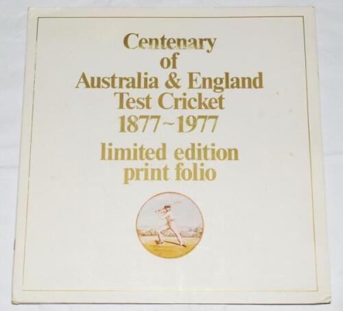 'Centenary of Australia & England Test Cricket 1877-1977. Limited Edition Print Folio'. Sydney 1977. Large square brochure including sixteen pages of images and text in original portfolio with six loosely inserted limited edition colour reproductions of e