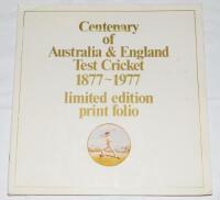 'Centenary of Australia & England Test Cricket 1877-1977. Limited Edition Print Folio'. Sydney 1977. Large square brochure including sixteen pages of images and text in original portfolio with six loosely inserted limited edition colour reproductions of e