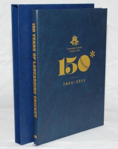 '150 Years of Lancashire Cricket 1864-2014'. P. Edwards, G. Hardcastle, A. Searle and Rev Malcolm Lorimer. Nantwich 2014. Blue leather bound limited edition of 150 copies, this being number 123, signed by all four authors and to opposite page by fourteen 