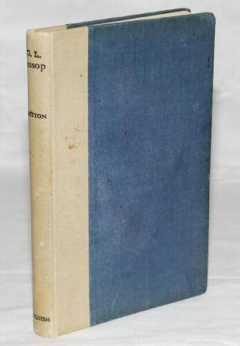 'G.L. Jessop. A Complete Record of his Performances in First-class Cricket'. C.J. Britton. First edition, Birmingham 1935. Blue and cream cloth. Nicely signed in ink to inside front cover, 'Gilbert L. Jessop. April 14 1935', and 'To Eileenah from Uncle Gi
