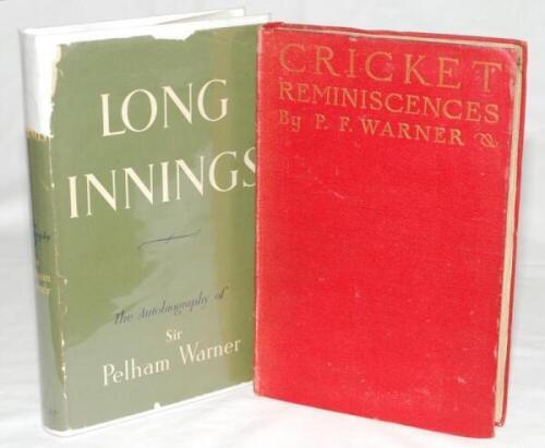 Pelham 'Plum' Warner. Two first edition titles by Warner, both signed in ink to the title page by the author. 'Cricket Reminiscences with some review of the 1919 season', London 1920. Red cloth with gilt titles. Wear and bumping to boards and spine. 'Long