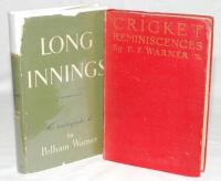 Pelham 'Plum' Warner. Two first edition titles by Warner, both signed in ink to the title page by the author. 'Cricket Reminiscences with some review of the 1919 season', London 1920. Red cloth with gilt titles. Wear and bumping to boards and spine. 'Long