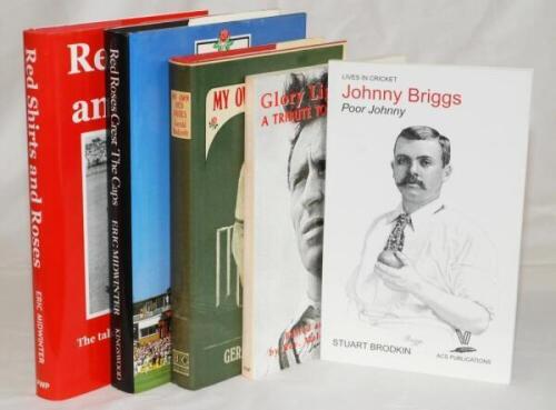 Lancashire cricket. Five titles, each signed by the author, two multi-signed. Three hardback titles with very good dustwrappers are 'My Own Red Roses', Gerald Hodcroft, Lewes 1984. Signed to the title and facing pages by twenty Lancashire players. Signatu