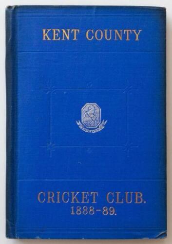 Kent County Cricket Club Annual 1888-1889. Hardback 'blue book'. Original decorative boards. Gilt titles and to all page edges with silver gilt Kent emblem to centre. Printed by J. Burgiss-Brown, Maidstone 1889. Minor age toning/darkening to board edges a