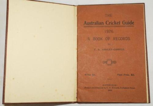 'The Australian Cricket Guide 1926'. F.S. Ashley-Cooper. C.H. Richards, Nottingham. Original cover bound into brown boards. Very good condition - cricket