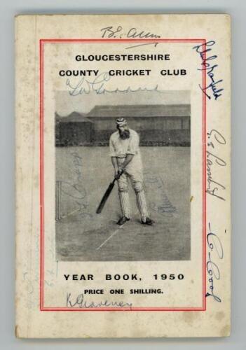 Gloucestershire C.C.C. Complete run of Year Books for seasons 1947-2019. The 1950 issue signed in ink to the front cover by ten Gloucestershire players. Signatures are B.O. Allen, T.W.J. Goddard, L.M. Cranfield, G.E.E. Lambert, C. Cook, J.F. Crapp, J.K.R.