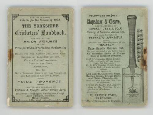 'The Yorkshire Cricketers' Handbook' 1894. Nice small booklet comprising 'Match Fixtures of the Principal Clubs in Yorkshire, the Counties &c, Synopsis of Yorkshire Cricket, County Players' Averages, Laws of the Game &c'. Includes fold out portraits of th