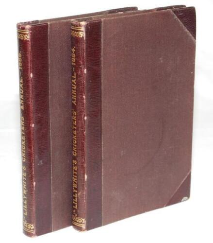 'James Lillywhite's Cricketers' Companion' 1884 (Fortieth edition) and 1886. Two issues, each similarly bound in contemporary half leather with gilt title to spines. Both lacking original wrappers. The 1884 lacking photographic plate, the 1886 lacking tit