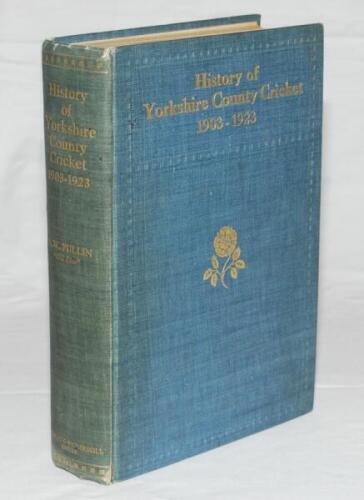 'History of Yorkshire County Cricket 1903-1923. A.W. Pullin ("Old Ebor"). Leeds 1924. Original blue cloth with gilt title and emblem to front and spine. Original Victorian bookplate to inside front cover of Lord Hawke. The bookplate with family crest/coat