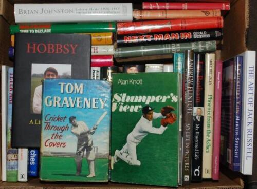 England cricketers signed biographies 1950s onwards. Thirty four titles, the majority hardbacks signed by the featured player, the odd title with signature on label slipped in. Signatures include Alan Knott, Robin Hobbs, Tom Graveney (two different), R.E.