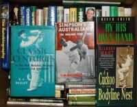 England and Australia cricketers' biographies, autobiographies, histories, tours etc 1940s onwards. A good selection of seventy mainly modern titles in two boxes, the majority hardbacks with generally good dustwrappers, some with signed card slipped in. E