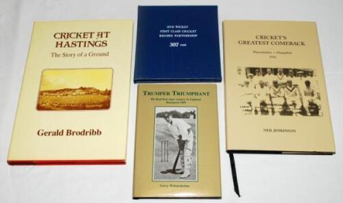 Cricket histories and biographies. Four titles each limited edition and signed by the author. Three with good dustwrappers are 'Cricket at Hastings. The Story of a Ground', Gerald Brodribb, Speldhurst 1999, no. 21/100, additionally signed by Jim Parks. 'T