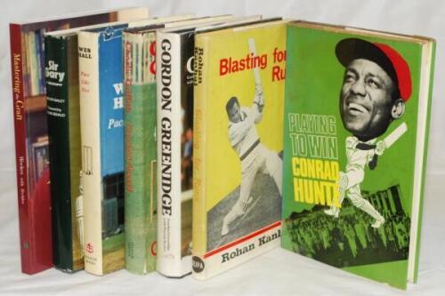 West Indies signed biographies. Six hardback biographies with generally good dustwrappers, each signed by the subject and/ or author. 'Wes Hall. Pace Like Fire', Wes Hall, London 1965. 'Blasting for Runs', Rohan Kanhai, Calcutta 1969. 'Chucked Around', Ch