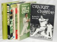 Australian signed biographies. Five hardback biographies, four with generally good dustwrappers, each signed by the subject. 'Cricket Crossfire', Keith Miller, London 1956. Signed to official label by Miller. 'My World of Cricket', Neil Harvey, London 196