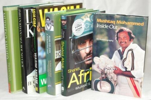 Pakistan signed biographies. Six hardback titles, each signed by the featured player/ author(s). Good dustwrappers. Titles are 'All Round View', Imran Khan, London 1988. 'Wasim', Wasim Akram & Patrick Murphy, London 1988. 'Inside Out', Mushtaq Mohammed, K