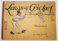 'Laws of Cricket Illustrated'. Charles Crombie. Published by Perrier, London 1907. Complete first edition with twelve colour prints with interleaving and Perrier advertising page to rear. Original decorative boards. Padwick 7012. Wear and soiling to board