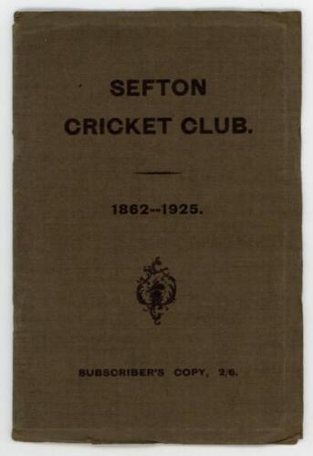 'Sefton Cricket Club 1862-1925'. J.D. Lynch. Printed by W. Williams, Liverpool 1926. Padwick 2216. Light wear to wrapper extremities, otherwise good. Also 'Annals of Teignbridge Cricket Club 1823-1883'. Compiled by G.W. Ormerod. Privately printed 1888. So