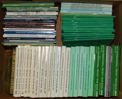 Association of Cricket Statisticians. Box comprising a good selection of mainly A.C.S. publications including 'Complete First-Class Match List' vols. 1-5, 1801-1998. 'Statistical Survey' for seasons 1863-1881. A.C.S. International Cricket Yearbook for sea