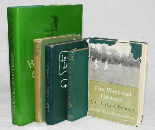Cricket and general sporting interest. Five titles including 'Lanyard Lyrics', R.P. Keigwin, London 1913. Staining to boards, some breaking to page block. 'Behind the Stumps', Godfrey Evans, London 1951. 'The Week-end Cricketer', A.C.L. (Leo) Bennett', Lo