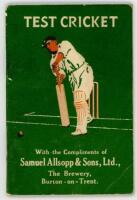 Australia tour to England 1926. 'Test Cricket'. Small 48pp booklet issued by brewers Samuel Allsopp & Sons Ltd of Burton on Trent in 1926 for the Australian tour to England. Contains biographies and photographs of the tourists, tour fixtures and cricket r