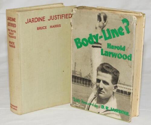 'Body-line?'. Harold Larwood. Elkin Matthews & Marrot, London 1933. Original but worn dustwrapper with loss, otherwise in good condition. Sold with 'Jardine Justified', Bruce Harris, London 1933. Qty 2. Some age toning and wear - cricket