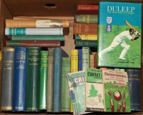 Cricket tour books etc. Box comprising twenty seven tour books and annuals. Titles include three by Monty Noble, 'Gilligan's Men [M.C.C. to Australia 1924/25]' London 1925, 'Those "Ashes". The Australian Tour of 1926', London 1927, and 'The Fight for the 