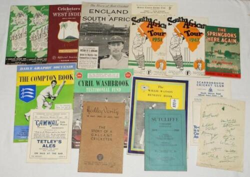Tour guides and benefit brochures 1940s-1950s. Official and unofficial tour guides to England include South African 1947, 1951, New Zealand 1949 and West Indies 1950. Odd duplicate. Benefits and testimonial brochures include Hedley Verity 1943, Cyril Wash