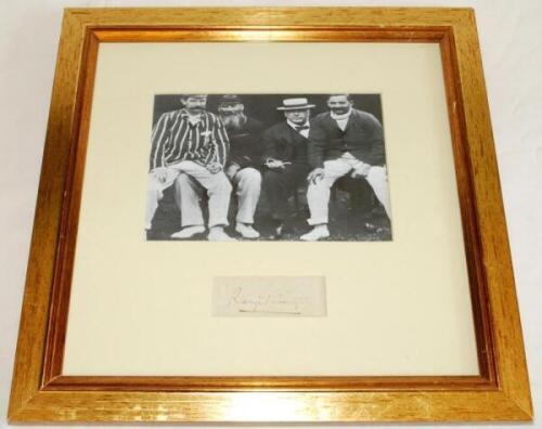 Kumar Shri Ranjitsinhji, Sussex & England 1893-1920. Original ink signature of Ranji on card. Mounted with a copy photograph of Ranji with W.G. Grace and others. Framed and glazed. Overall 13'x13". Sold with a modern copy of the Vanity Fair caricature of 