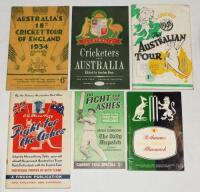 Australia tours to England 1934-1961. Six tour guides including three official guides, for 1934 edited by A.W. Simpson, 1948 R.C. Robertson-Glasgow, and 1956 Gordon Ross (Playfair). Also 'Fight for the Ashes', C.G. Macartney, Findon 1948, 'The Fight for t
