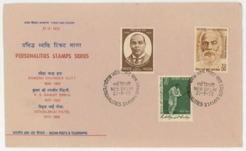 Kumar Shri Ranjitsinhji, Sussex & England 1893-1920. 'Personalities Stamps Series' first day cover issued 27th September 1973, with three affixed stamps including a green Ranjitsinhji stamp. VG - cricket