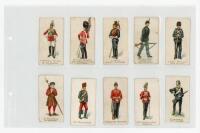 Cigarette cards. Gallaher's 'Types of the British Army' 1898. Two complete sets each of fifty cards, one unnumbered set with 'Three Pipes Tobacco' in green to verso, the other set, numbered 51-100, with brown backs. Varying degrees of staining to the back