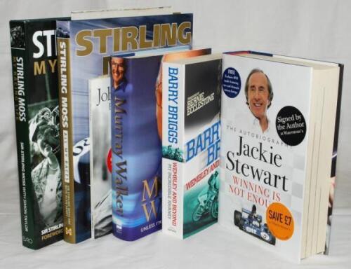 Motorsport autobiographies. Four hardbacks with very good dustwrappers, each signed by the subject. Titles are 'All My Races' and 'My Racing Life' both Stirling Moss, 'Winning is not enough', Jackie Stewart, and 'Unless I'm very much mistaken', Murray Wal