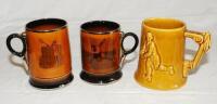 Tennis and rugby. Two ceramic tankards by Royal Bradwell 'Sporting Series' c.1940s. Both feature images of Jack Kramer to one side and Margaret Osborne to the other. The tankards, with handles in the form of tennis racquets, slightly different sizes, 5.5"
