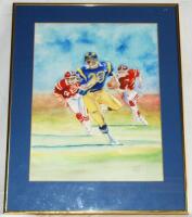 American Football. Colourful watercolour painting of an American football player running with the ball, number 20 to shirt. Name of artist unknown, dated August 1994. Mounted, framed and glazed. Overall 16"x20". Sold with seven American Football pennants 
