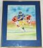 American Football. Colourful watercolour painting of an American football player running with the ball, number 20 to shirt. Name of artist unknown, dated August 1994. Mounted, framed and glazed. Overall 16"x20". Sold with seven American Football pennants 