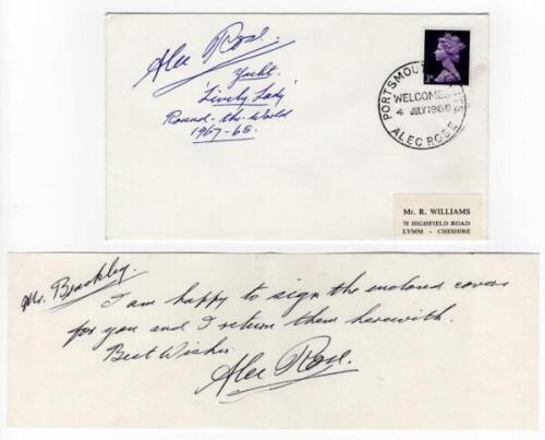 Yachting. Alec Rose, Round-the-World sailor 1967/68. Plain envelope postmarked 'Portsmouth Welcomes Alec Rose 4th July 1968', signed to the front by Rose, 'Yacht "Lively Lady" Round-the-World 1967-68'. Enclosed is a signed handwritten note from Rose reply