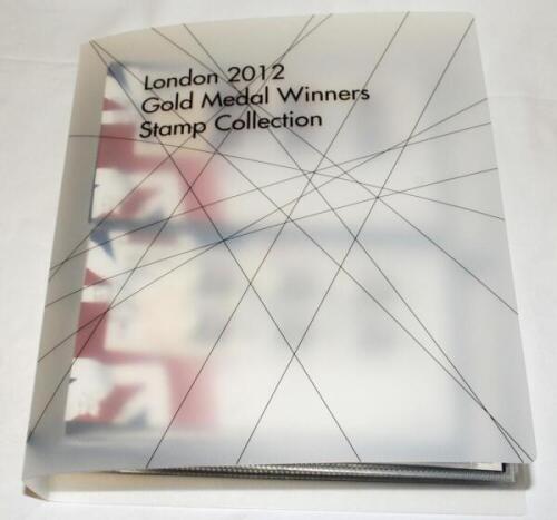 Olympics London 2012. Official album comprising a complete set of sixty three first day covers featuring stamps issued to commemorate each winner of a gold medal by Team GB at the London 2012 Olympics and Paralympics. Each cover is franked 'London 2012, O