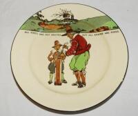Royal Doulton 'Golfing series' plate, decorated in colour with cavalier figure (Crombie) of a golfer and caddie with inscription 'All Fools are not knaves. But all knaves are fools'. Colour golf course illustration to top. 10.5" diameter. With Royal Doult