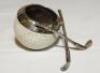 Golf ball match holder and striker 1902. An Edwardian match holder in the form of a hollowed out 'gutty' ball with sterling silver rim and crossed golf clubs. Hallmarked 'H.B.' (Henry Hutton Bourne?) Birmingham 1902. G/VG