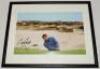 Arnold Palmer and Nick Faldo. Colour photograph of Palmer in action on the fairway, signed by Palmer. Framed and glazed, overall 11"x13". Also a colour photograph of Nick Faldo playing out of a bunker, signed by Faldo. Framed and glazed, 14.5"x12". Qty 2. - 2