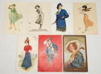 Lady golfer postcards early 1900s onwards. Six original colour postcards and one mono, each featuring a lady golfer. Includes an advertising postcard for Lowney's Chocolates (series no. 6). Other titles include 'If you can manage...', 'A Tee Party', 'Fore