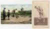 'Mr. John D. Dunn bunkered- Golf Links, Hardelot, pres Boulogne-sur-Mer' c.1910. Original colour postcard of Dunn playing a bunker shot with a boy caddy and one other looking on. Printed details of the Hardelot course to verso. Valentine series. VG. Sold 