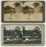'Golf Player "Driving" the Ball'. Metropolitan Series no. 827 and Golfer playing out of the bunker'. Bay State Publishing Company. Two pairs of original sepia and mono stereoscopic photographs of a golfers. The pair of two very similar photographs are lai