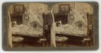 'The sleep-walker at home- why Mrs. Golfington wants a divorce'. Copyright 1906. Pair of original sepia stereoscopic photographs of a humorous scene of a golfer in his pyjamas standing on his bed taking a swing with a golf club while his wife cowers under