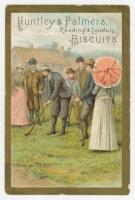 'Huntley & Palmers Biscuits'. Early colour advertising card (c.1880s) with image of golf being played. To verso, printed details of the company's product range, with details in French for the 'Grand Prix de L'Exposition Universelle de Paris 1878'. 3"x4.5"
