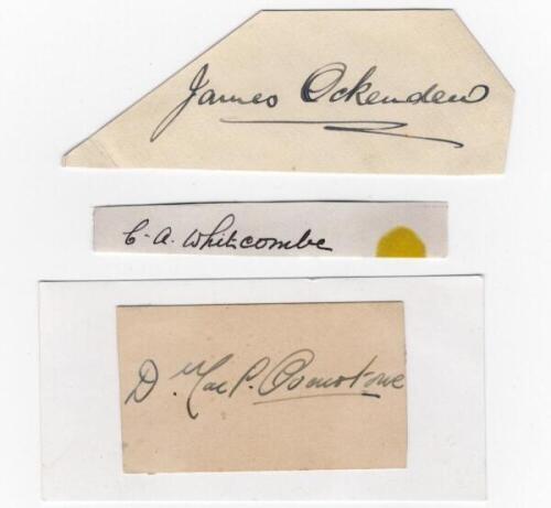 Golf signatures. Two nice signatures in ink of golfers on pieces. Signatures are James Ockenden and Charles Whitcombe. Sold with one other unidentified signature on piece laid to small card. Qty 3. VG