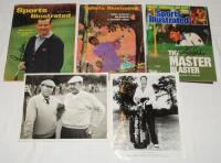 Signed magazines and photographs. Three issues of Sports Illustrated magazine, each signed to the front cover by the featured golfer. Signatures are Gene Littler 1962, Tony Jacklin 1970 and Nick Faldo 1989. Also an original mono press/ promotional photogr