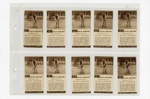 Cigarette cards. John Cotton Ltd., Edinburgh. Golf Strokes 'Demonstrated by Archie Compston' series A/B 1936. Full set of fifty 'Flicker' style cards. Each card with Series A 'Full No. 1 Iron Shot' to one side, and Series B 'Full Drive' to the other. Very