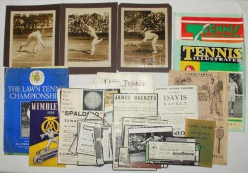 Tennis and Wimbledon 1920s-1950s. A mixed selection of ephemera relating to tennis and the Wimbledon Championships, including official programmes, three press photographs, advertising and magazine cuttings for the period. Some items laid down to card. Som